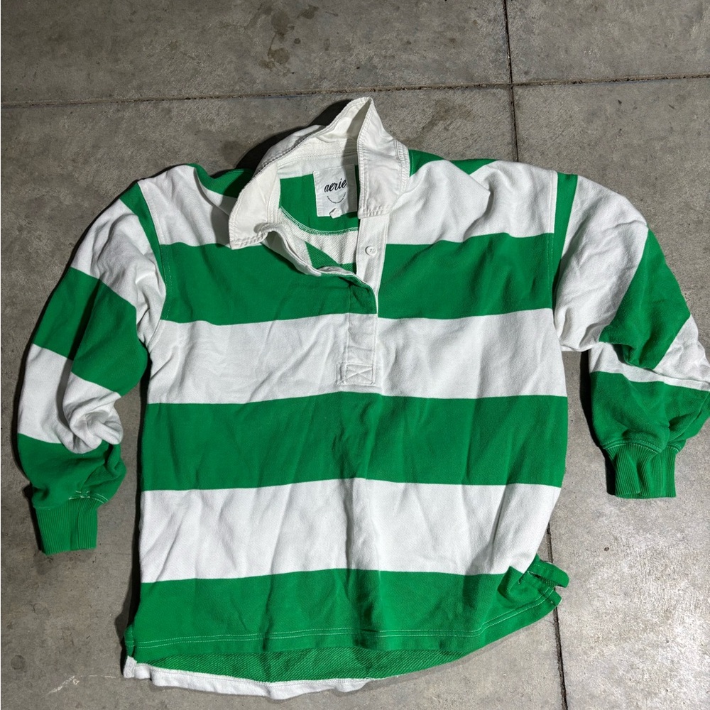 Aerie Green and White Striped Button Down Shirt